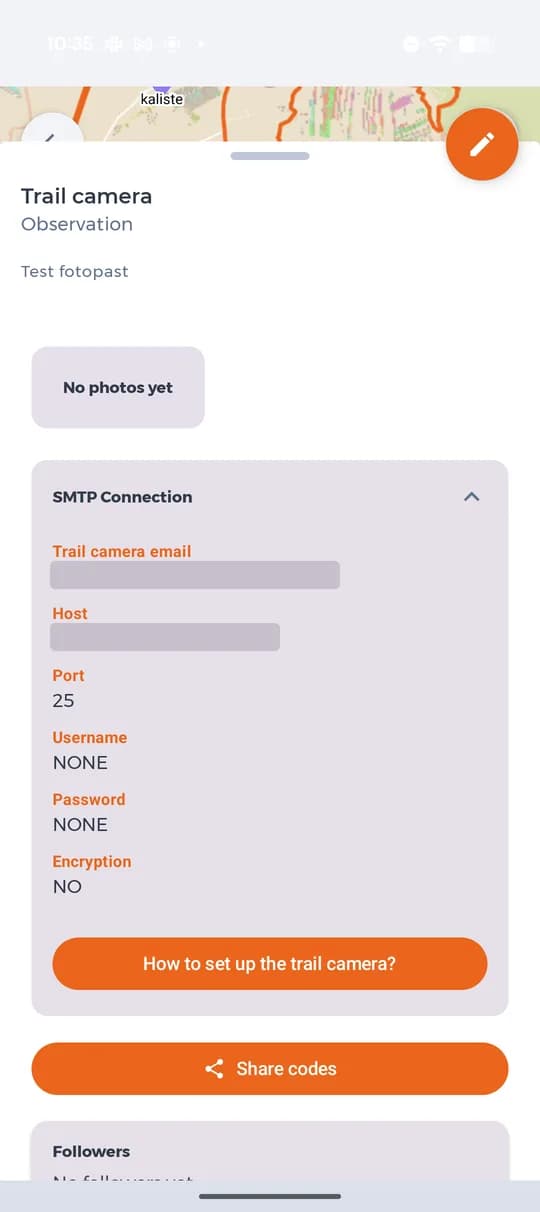 SMTP údaje fotopasce (adresa a server sú tu skryté).