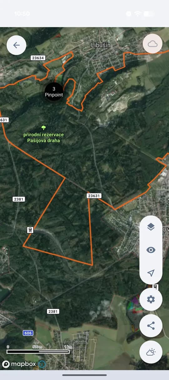 Hotová hranica revíru v mape.