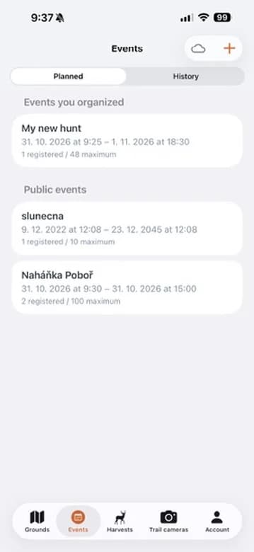 Prehľad udalostí s tlačidlom na založenie novej.