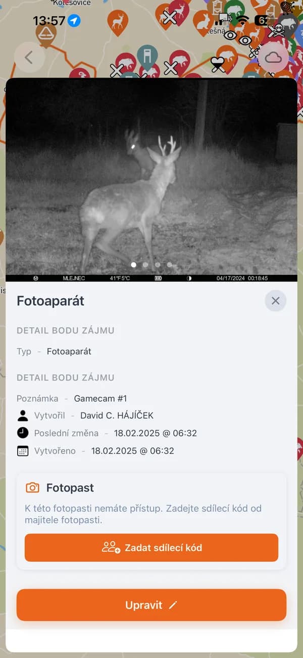 Aplikácia HUNTERRA: detail fotopasce s fotkou srnca