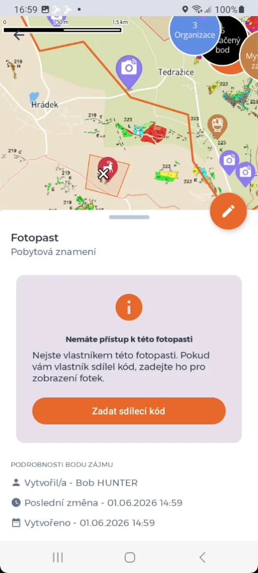 Aplikácia HUNTERRA: mapa revíru s poľovníckymi zariadeniami a detailom fotopasce