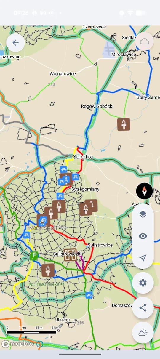 Poľovnícka mapa s cestami, zariadeniami a terénom (Poľsko).