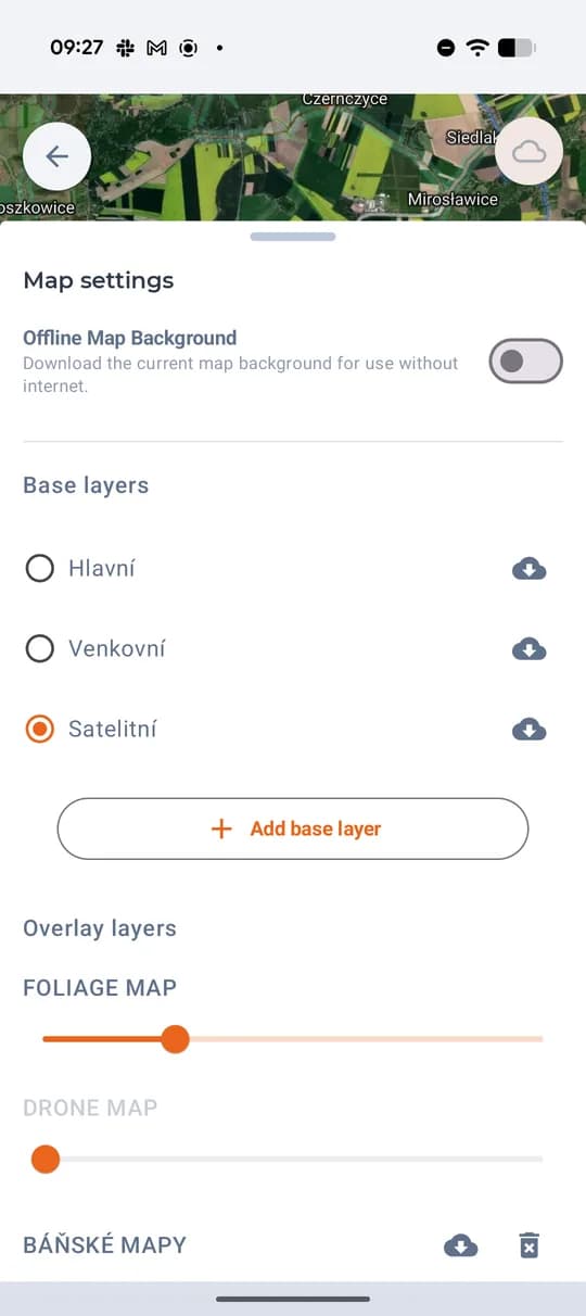 Nastavenie máp: základné podklady a sťahovanie offline.