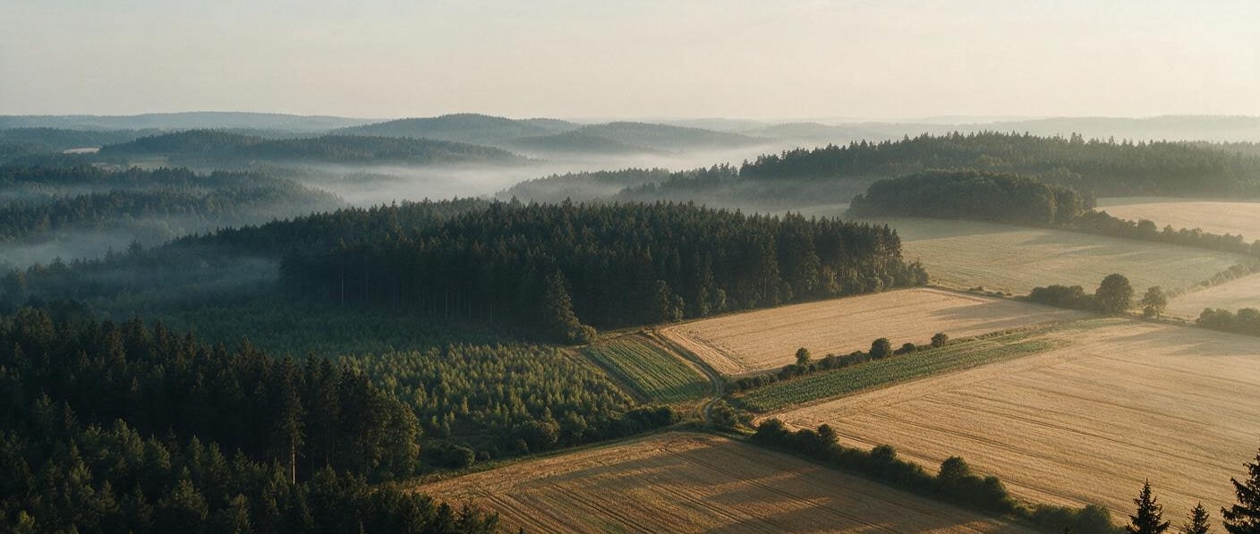Pohľad zo stráne na lesné bloky, zožaté polia a medze, ktoré krajinu delia na plochy