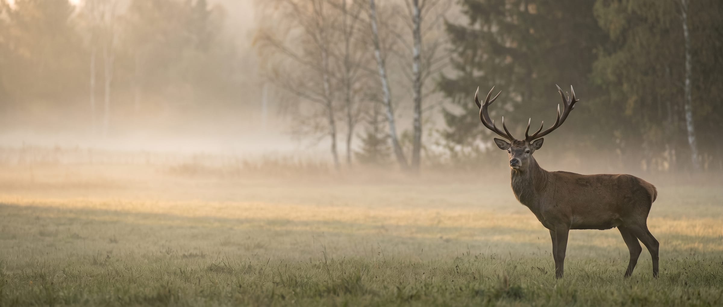 Jeleň na okraji hmlistej lúky za úsvitu Jeleň na okraji hmlistej lúky za úsvitu
