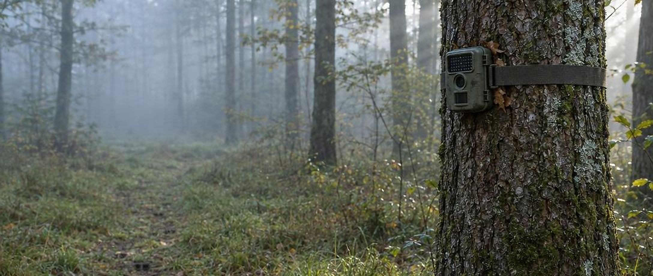Fotopasca pripevnená pásom na dube na okraji hmlistého lesa, chodník zveri mizne do porastu