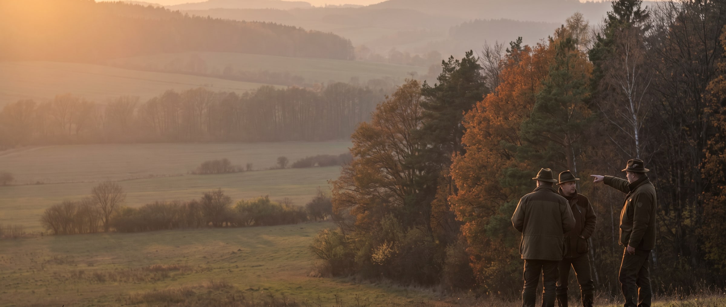 Traja poľovníci na kraji lesa, jeden ukazuje do jesennej krajiny za súmraku