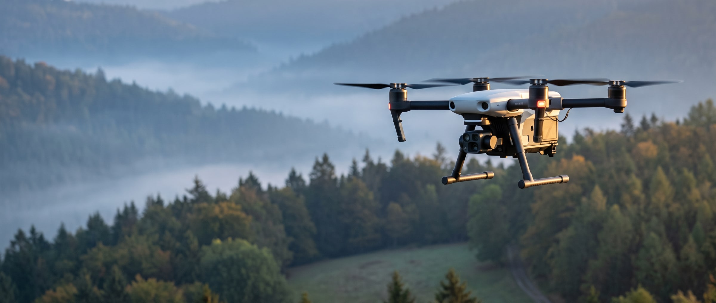 Dron s termokamerou letí nad lesným revírom za svitania