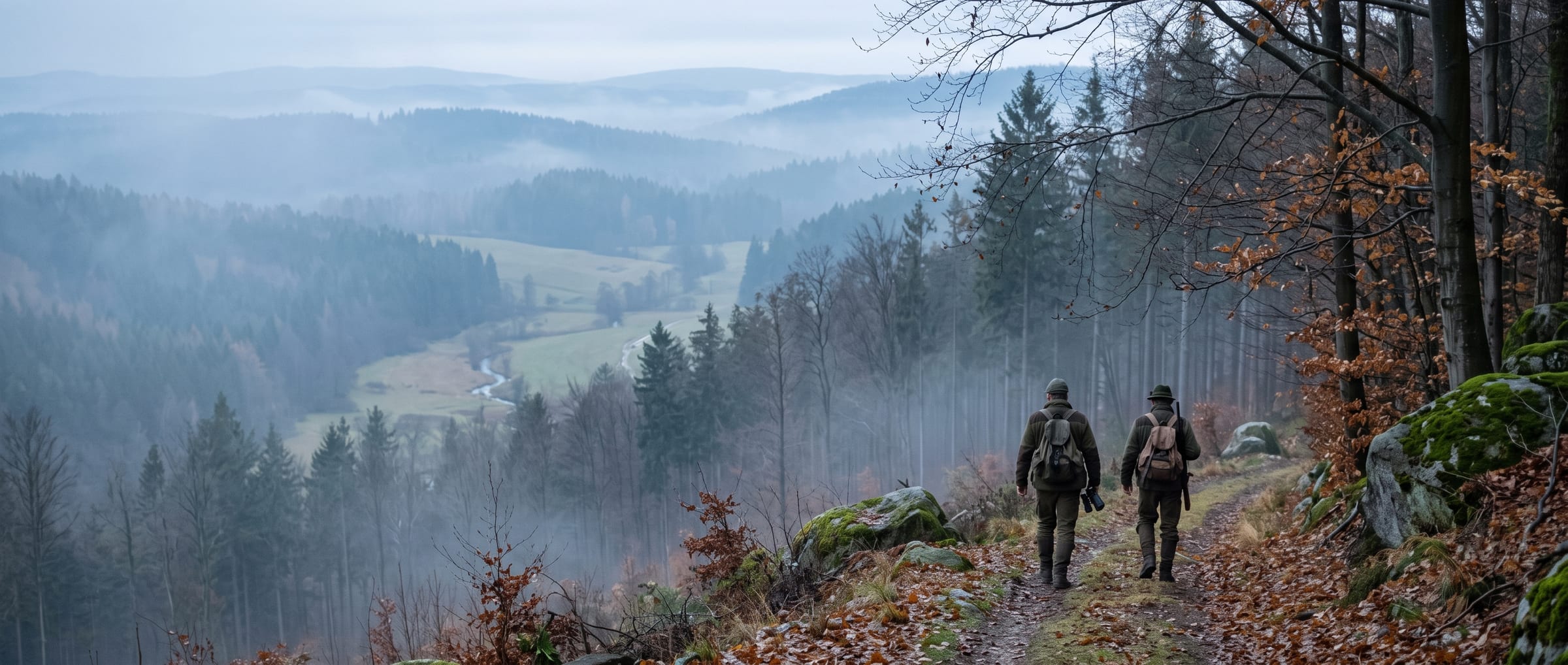 Dvaja poľovníci schádzajú lesnou cestou do zahmleného údolia.